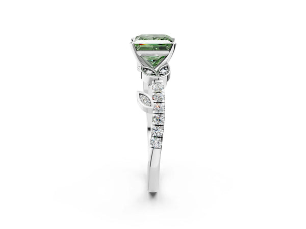 Platinum Fancy Green Princess Cut Solitaire Leaf-Inspired Diamond Ring with Pavé Band and Four-Prong Setting