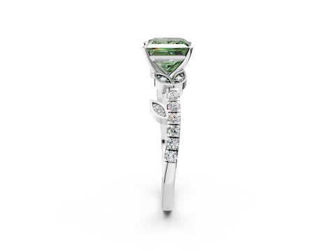 White gold Fancy Green Princess Cut Solitaire Leaf-Inspired Diamond Ring with Pavé Band and Four-Prong Setting_14