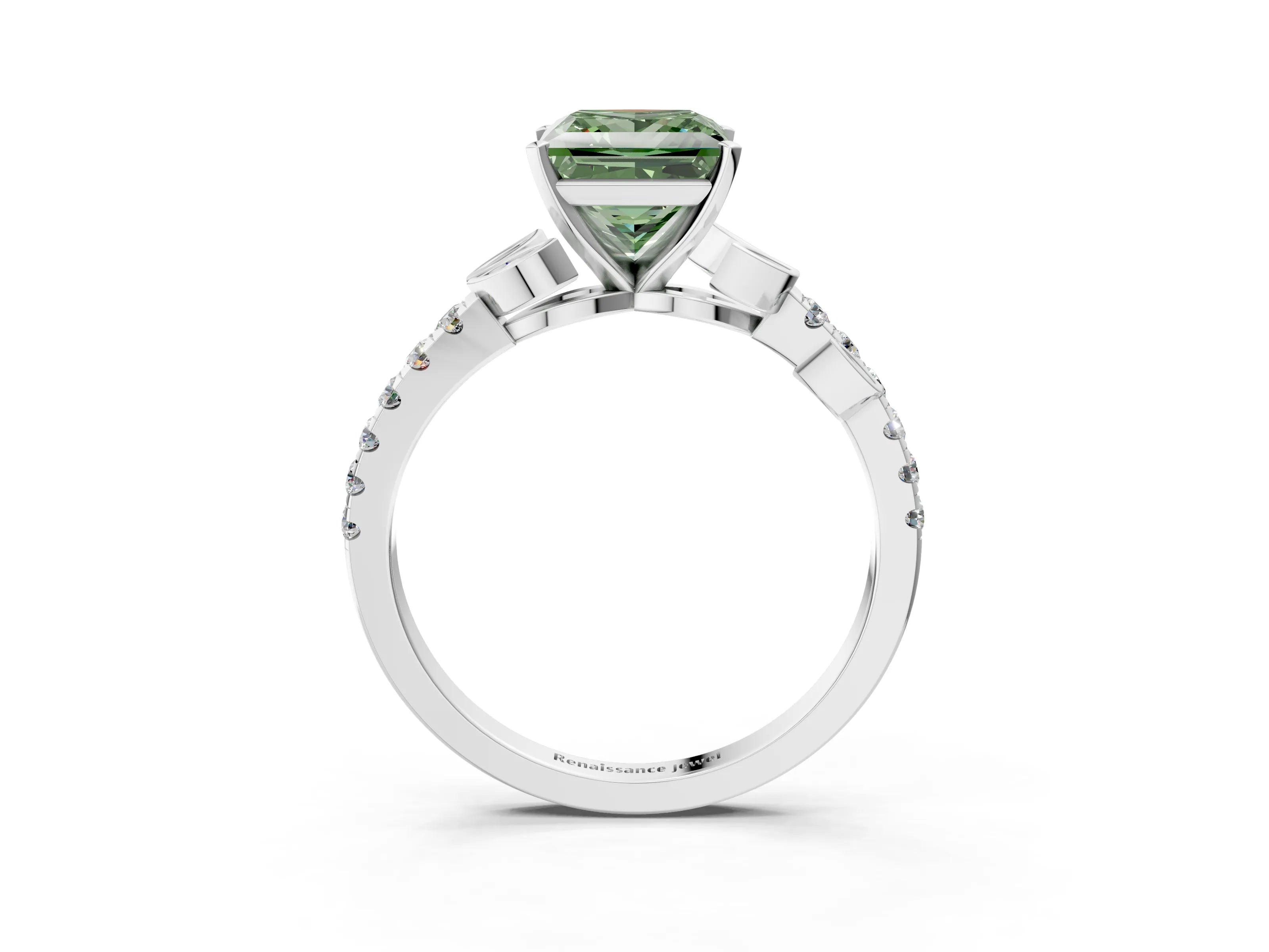 White gold Fancy Green Princess Cut Solitaire Leaf-Inspired Diamond Ring with Pavé Band and Four-Prong Setting_15