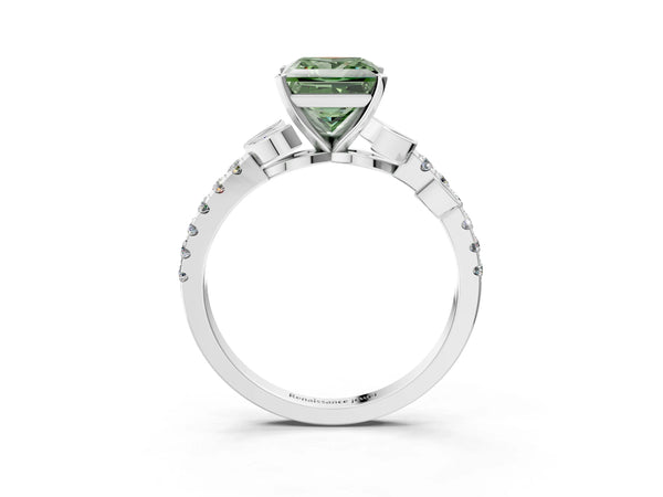 Platinum Fancy Green Princess Cut Solitaire Leaf-Inspired Diamond Ring with Pavé Band and Four-Prong Setting
