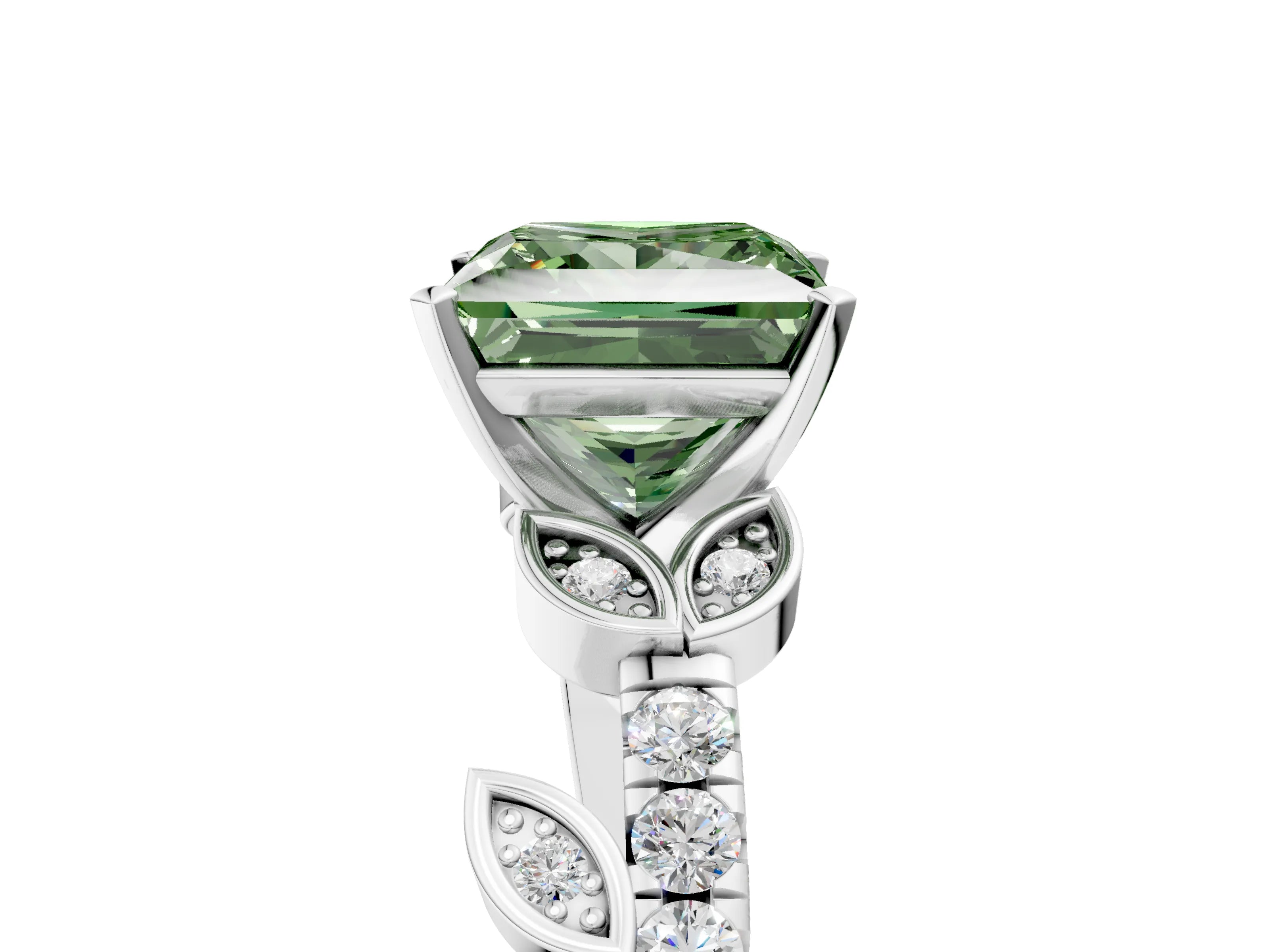 White gold Fancy Green Princess Cut Solitaire Leaf-Inspired Diamond Ring with Pavé Band and Four-Prong Setting_17