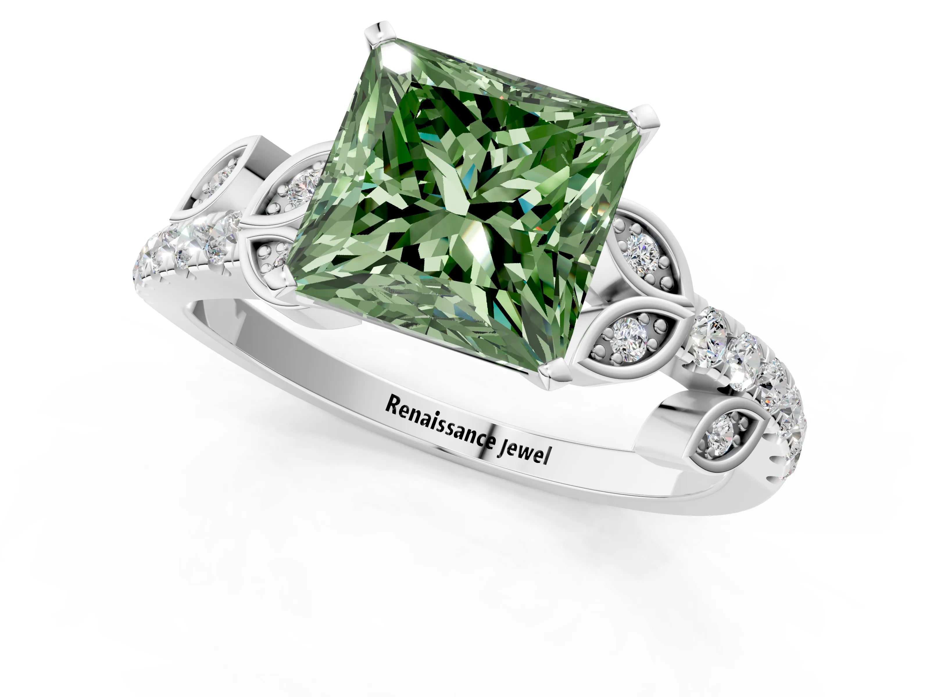 White gold Fancy Green Princess Cut Solitaire Leaf-Inspired Diamond Ring with Pavé Band and Four-Prong Setting_1