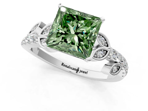 White gold Fancy Green Princess Cut Solitaire Leaf-Inspired Diamond Ring with Pavé Band and Four-Prong Setting_1