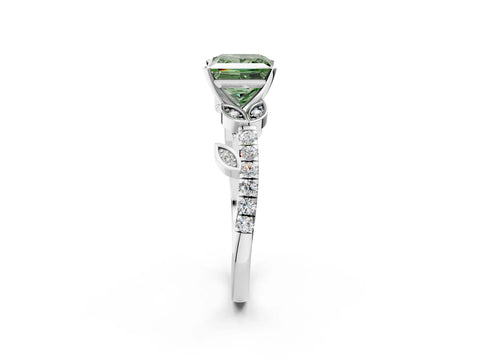 White gold Fancy Green Princess Cut Solitaire Leaf-Inspired Diamond Ring with Pavé Band and Four-Prong Setting_2