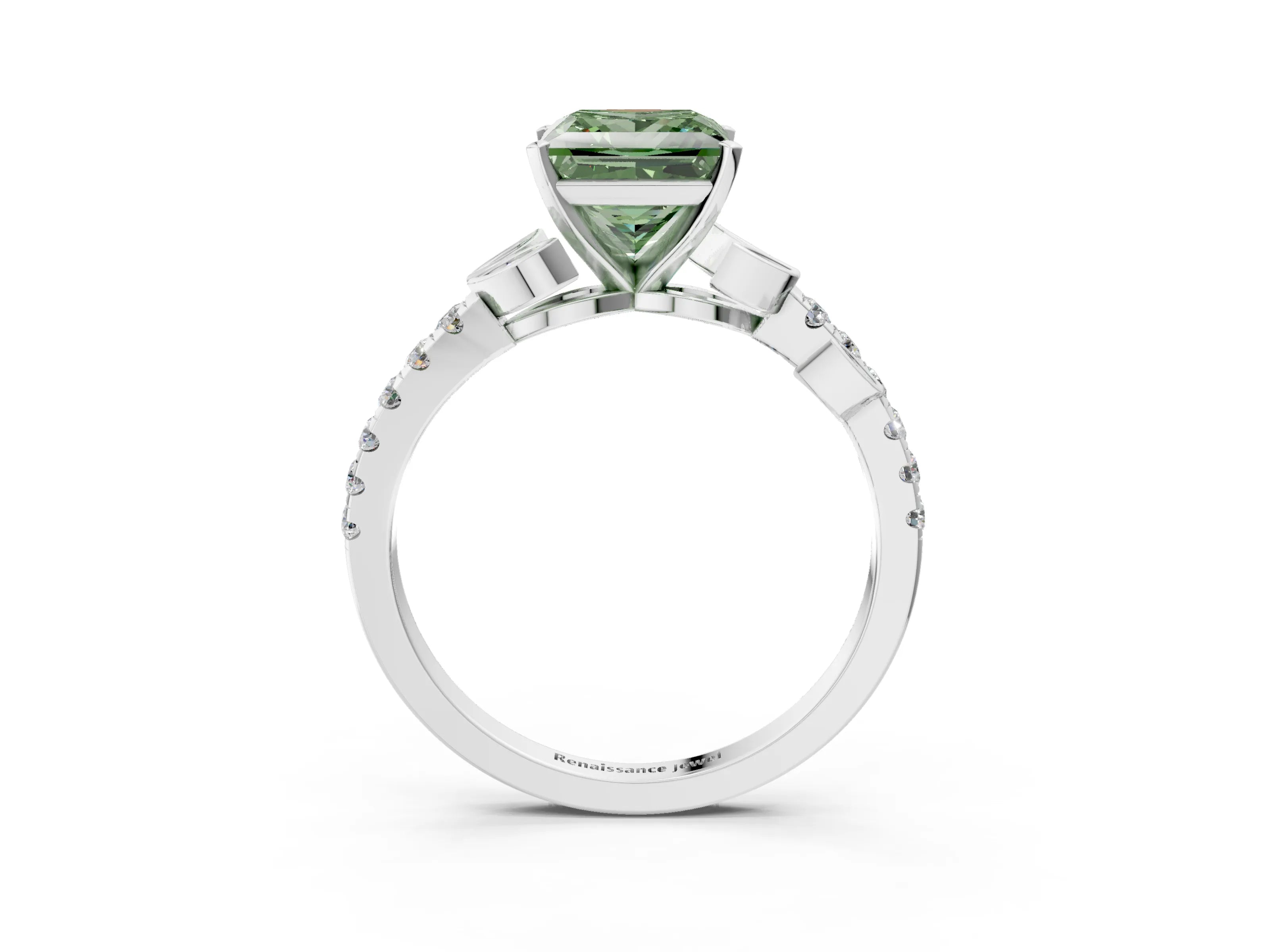 White gold Fancy Green Princess Cut Solitaire Leaf-Inspired Diamond Ring with Pavé Band and Four-Prong Setting_3