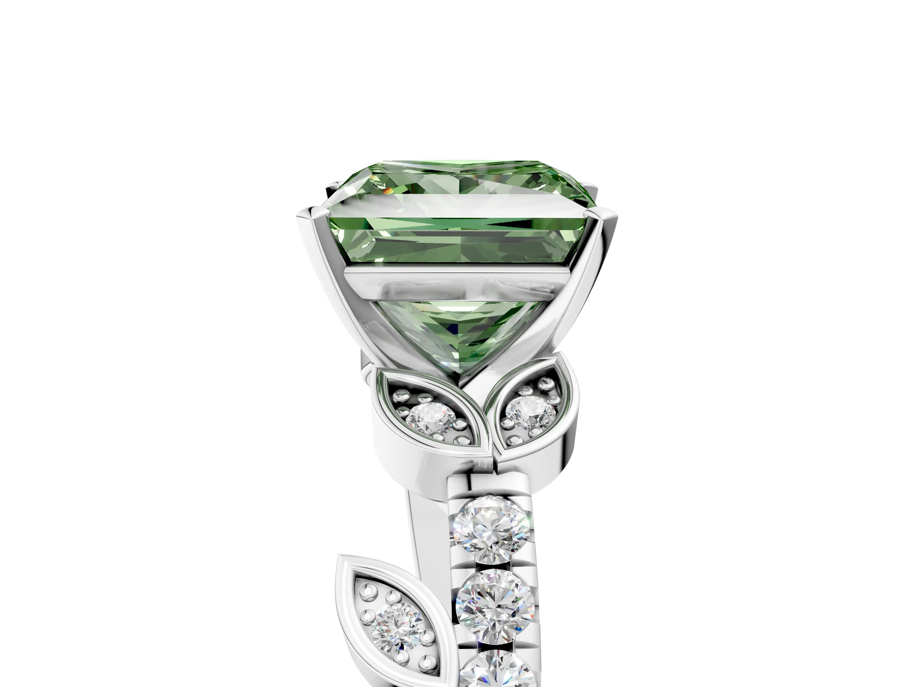 White gold Fancy Green Princess Cut Solitaire Leaf-Inspired Diamond Ring with Pavé Band and Four-Prong Setting_5