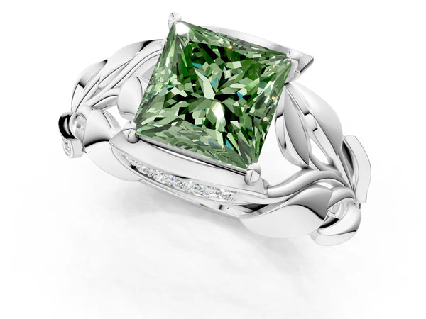 White gold Fancy Green Princess Cut Solitaire Leaf-Inspired Engagement Ring with Prong Setting