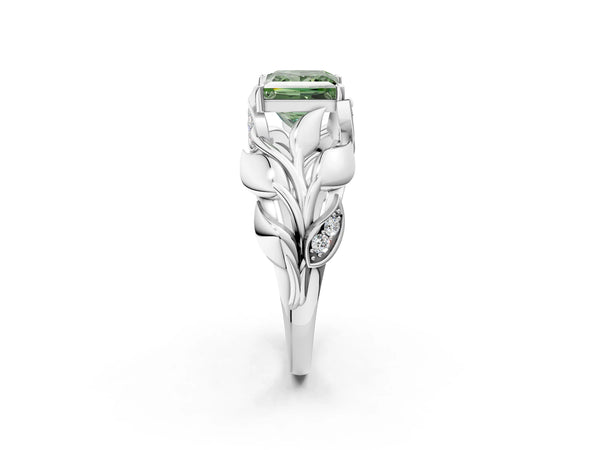 White gold Fancy Green Princess Cut Solitaire Leaf-Inspired Engagement Ring with Prong Setting