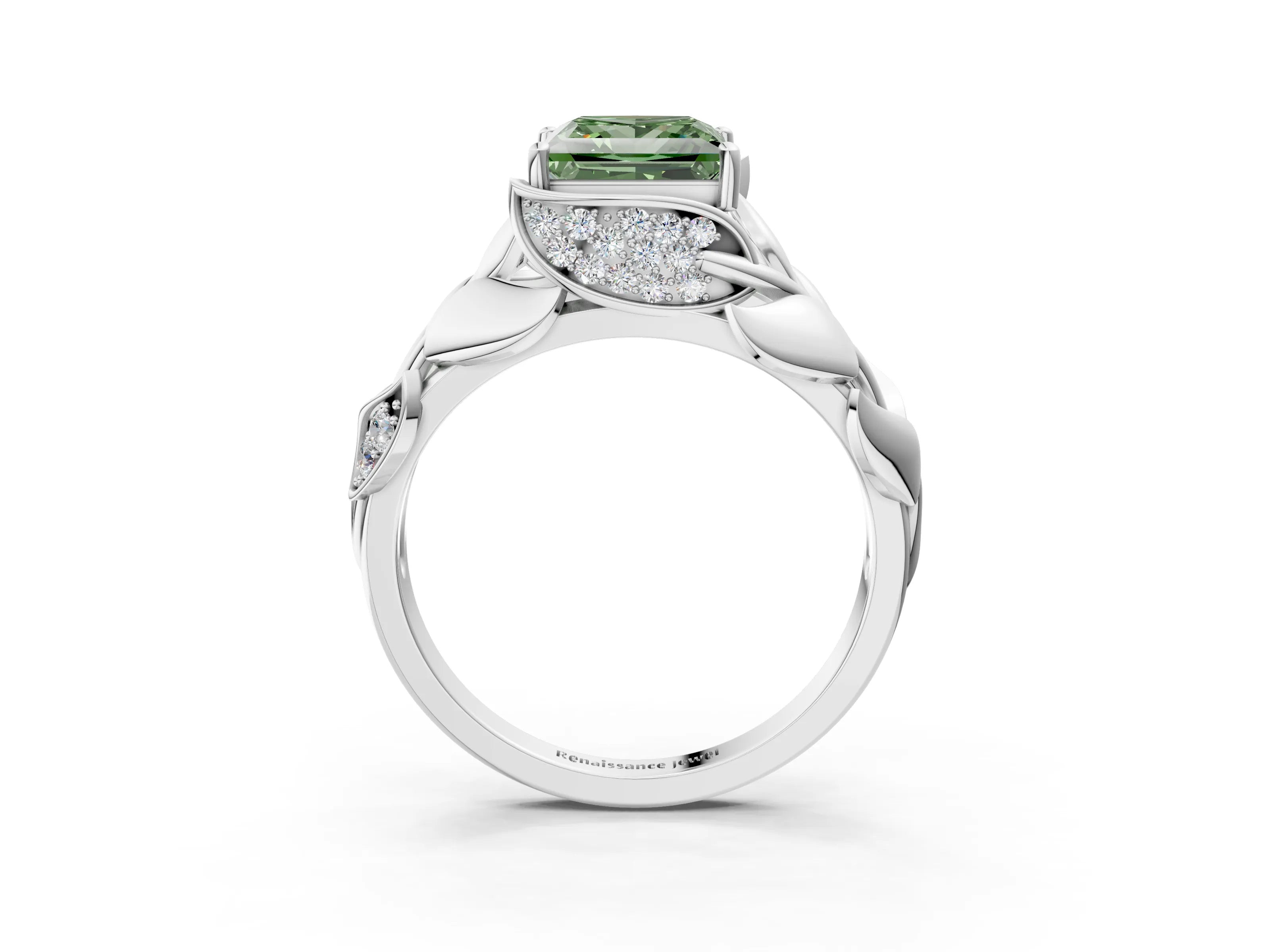 White gold Fancy Green Princess Cut Solitaire Leaf-Inspired Engagement Ring with Prong Setting_3