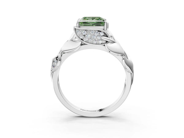 White gold Fancy Green Princess Cut Solitaire Leaf-Inspired Engagement Ring with Prong Setting