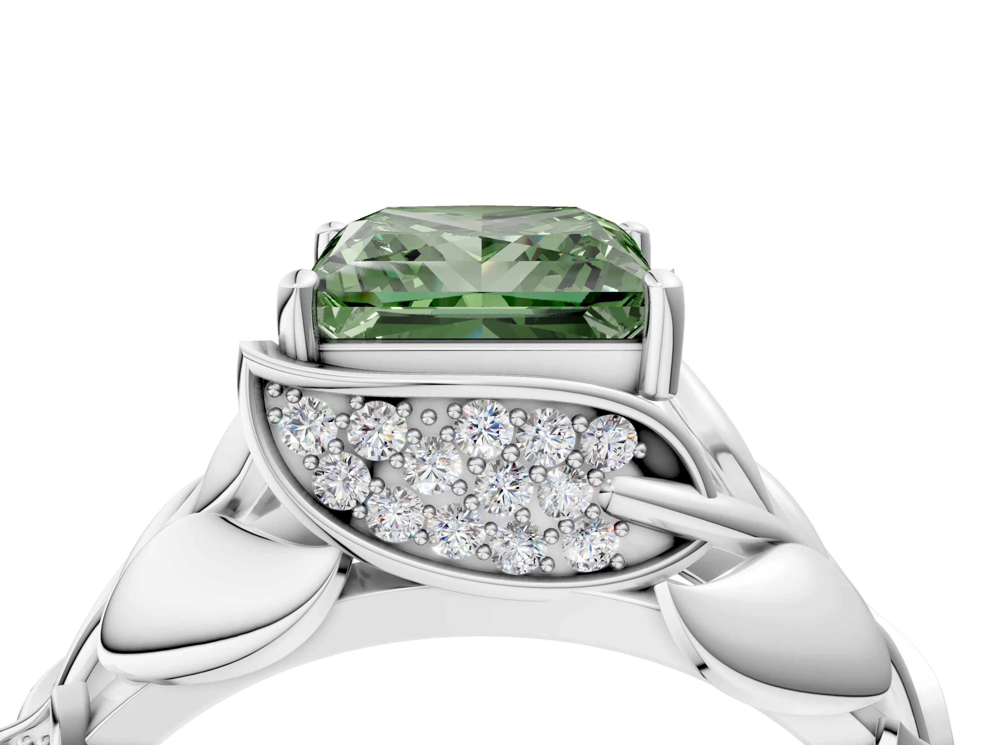 White gold Fancy Green Princess Cut Solitaire Leaf-Inspired Engagement Ring with Prong Setting_4