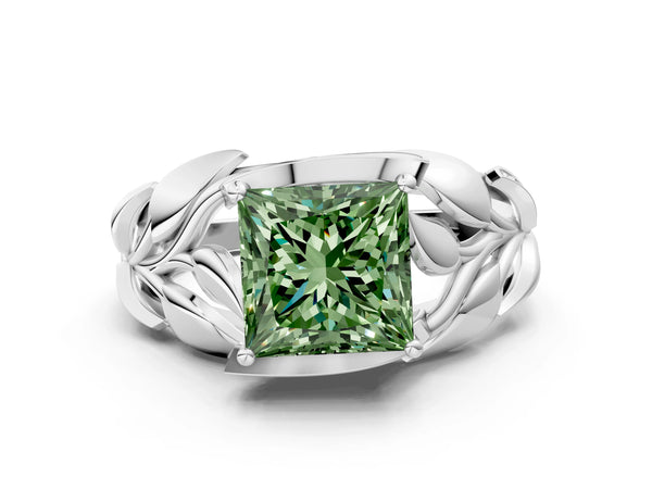 White gold Fancy Green Princess Cut Solitaire Leaf-Inspired Engagement Ring with Prong Setting