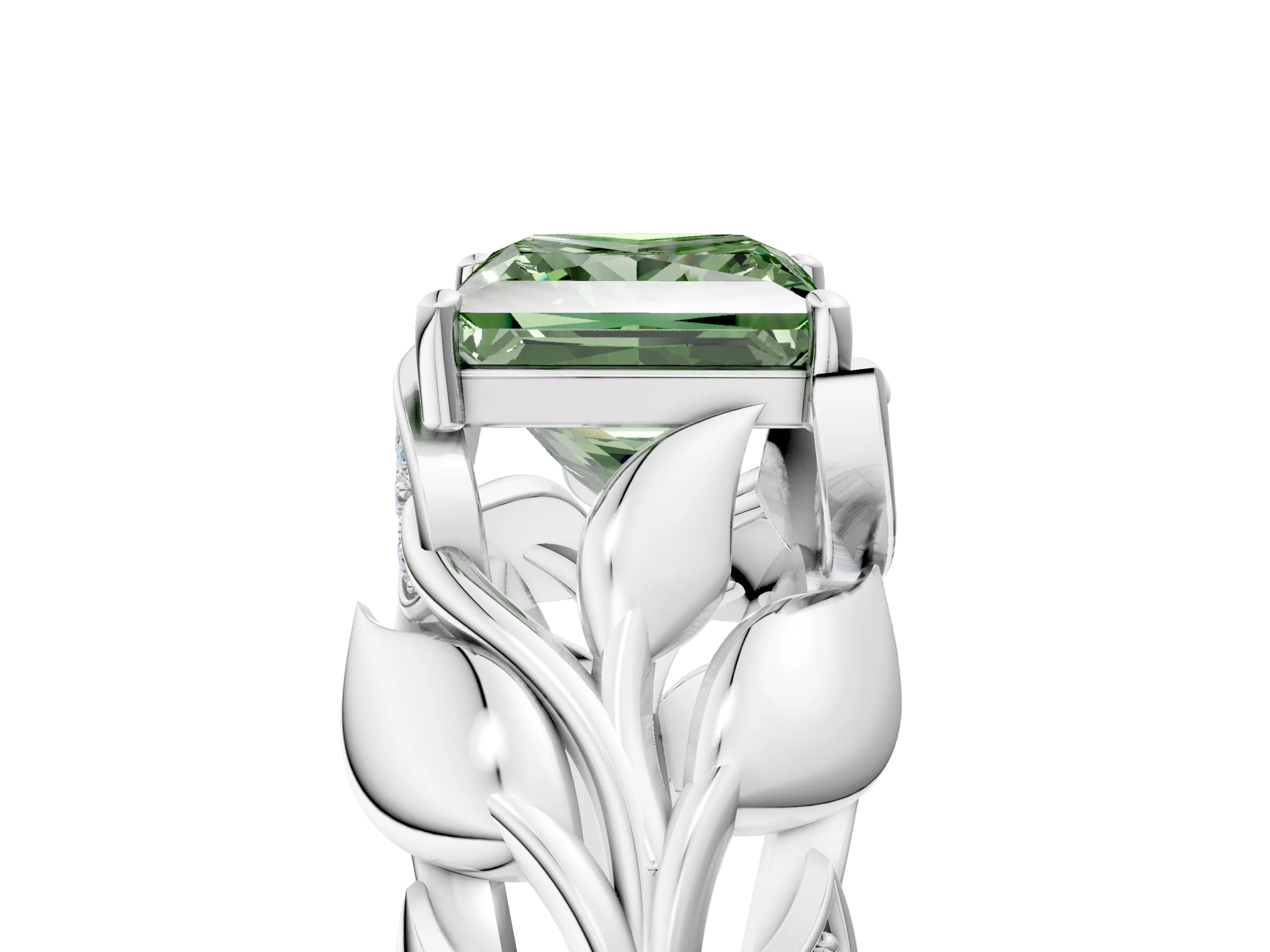 White gold Fancy Green Princess Cut Solitaire Leaf-Inspired Engagement Ring with Prong Setting_5