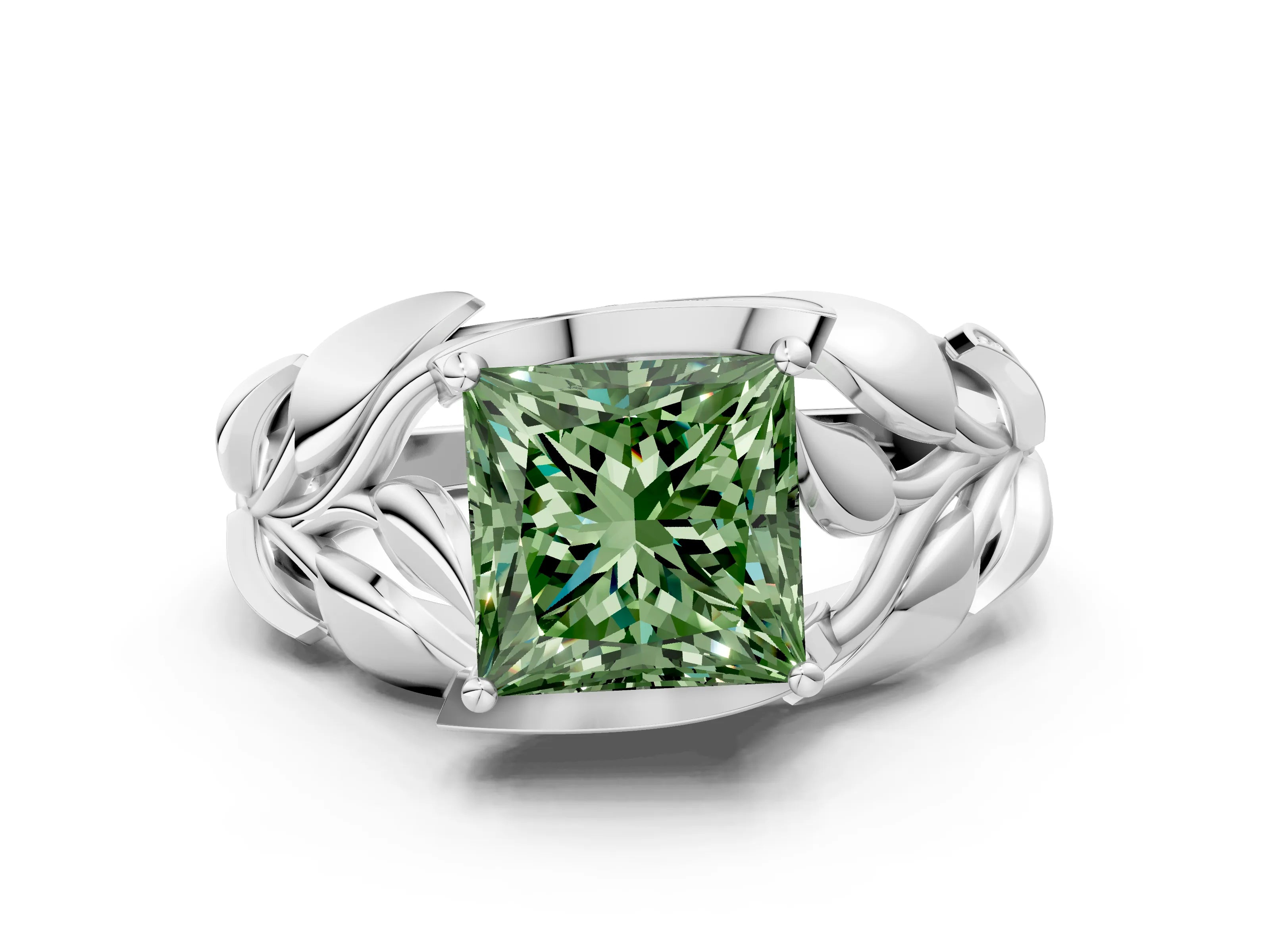 White gold Fancy Green Princess Cut Solitaire Leaf-Inspired Engagement Ring with Prong Setting