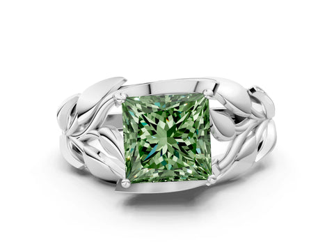 White gold Fancy Green Princess Cut Solitaire Leaf-Inspired Engagement Ring with Prong Setting