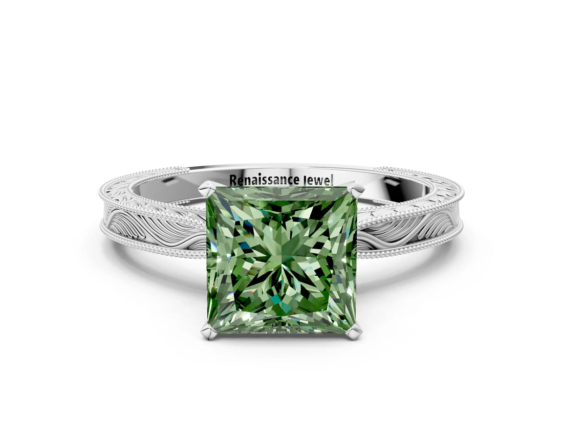 White gold Fancy Green Princess Cut Solitaire Milgrain Engraved Band with Four-Prong Setting_12
