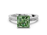 White gold Fancy Green Princess Cut Solitaire Milgrain Engraved Band with Four-Prong Setting_12