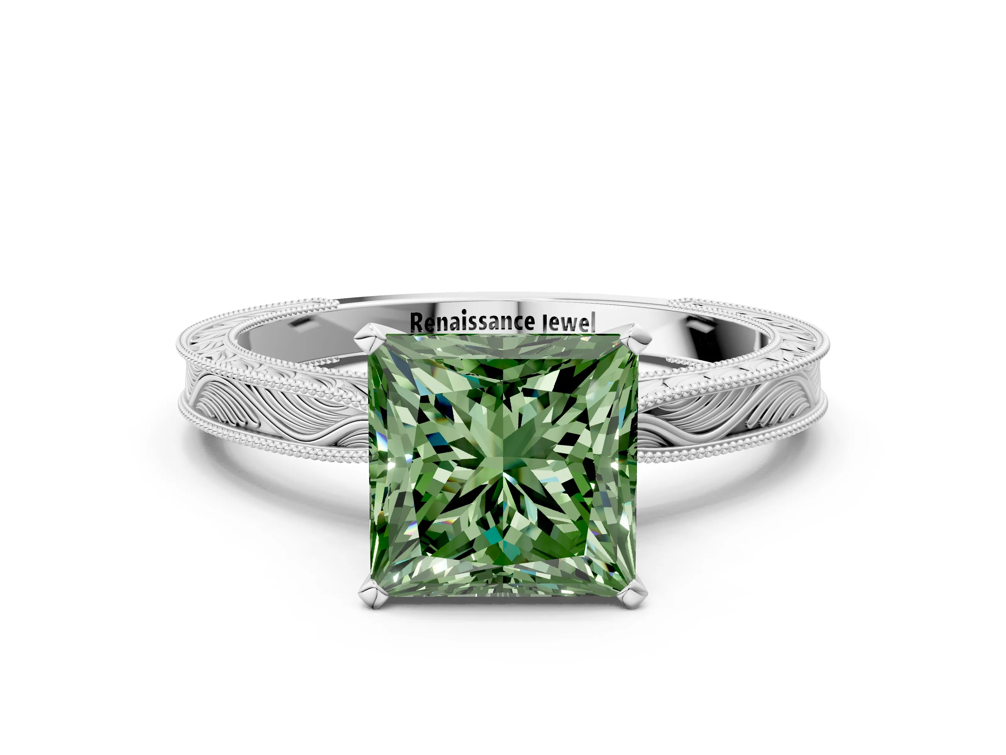White gold Fancy Green Princess Cut Solitaire Milgrain Engraved Band with Four-Prong Setting_12
