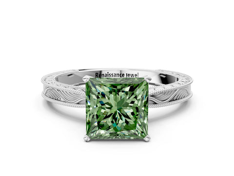 White gold Fancy Green Princess Cut Solitaire Milgrain Engraved Band with Four-Prong Setting_12
