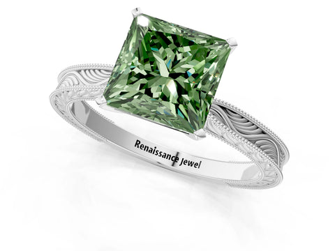 White gold Fancy Green Princess Cut Solitaire Milgrain Engraved Band with Four-Prong Setting_13