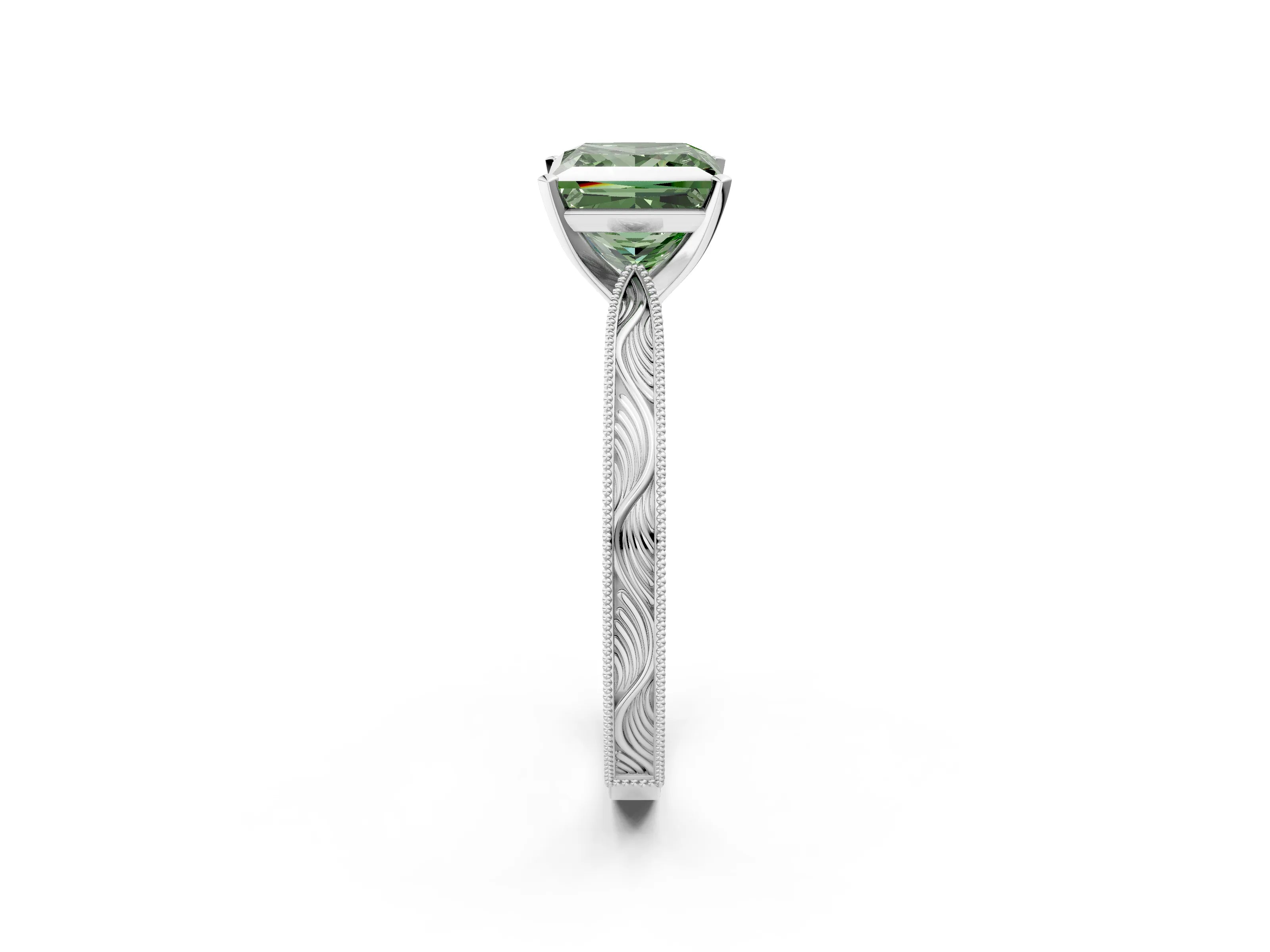 White gold Fancy Green Princess Cut Solitaire Milgrain Engraved Band with Four-Prong Setting_14