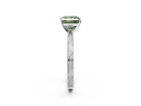 White gold Fancy Green Princess Cut Solitaire Milgrain Engraved Band with Four-Prong Setting_14