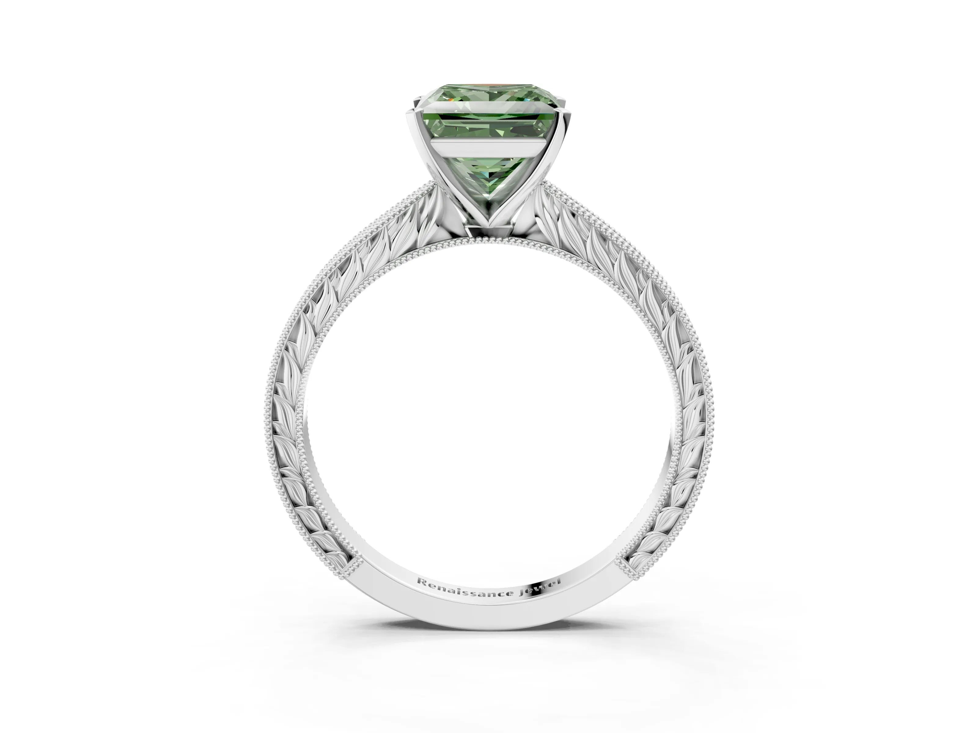 White gold Fancy Green Princess Cut Solitaire Milgrain Engraved Band with Four-Prong Setting_15