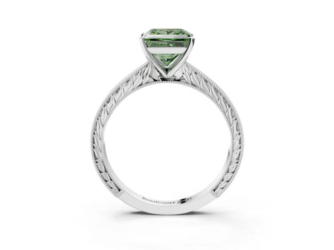White gold Fancy Green Princess Cut Solitaire Milgrain Engraved Band with Four-Prong Setting_15