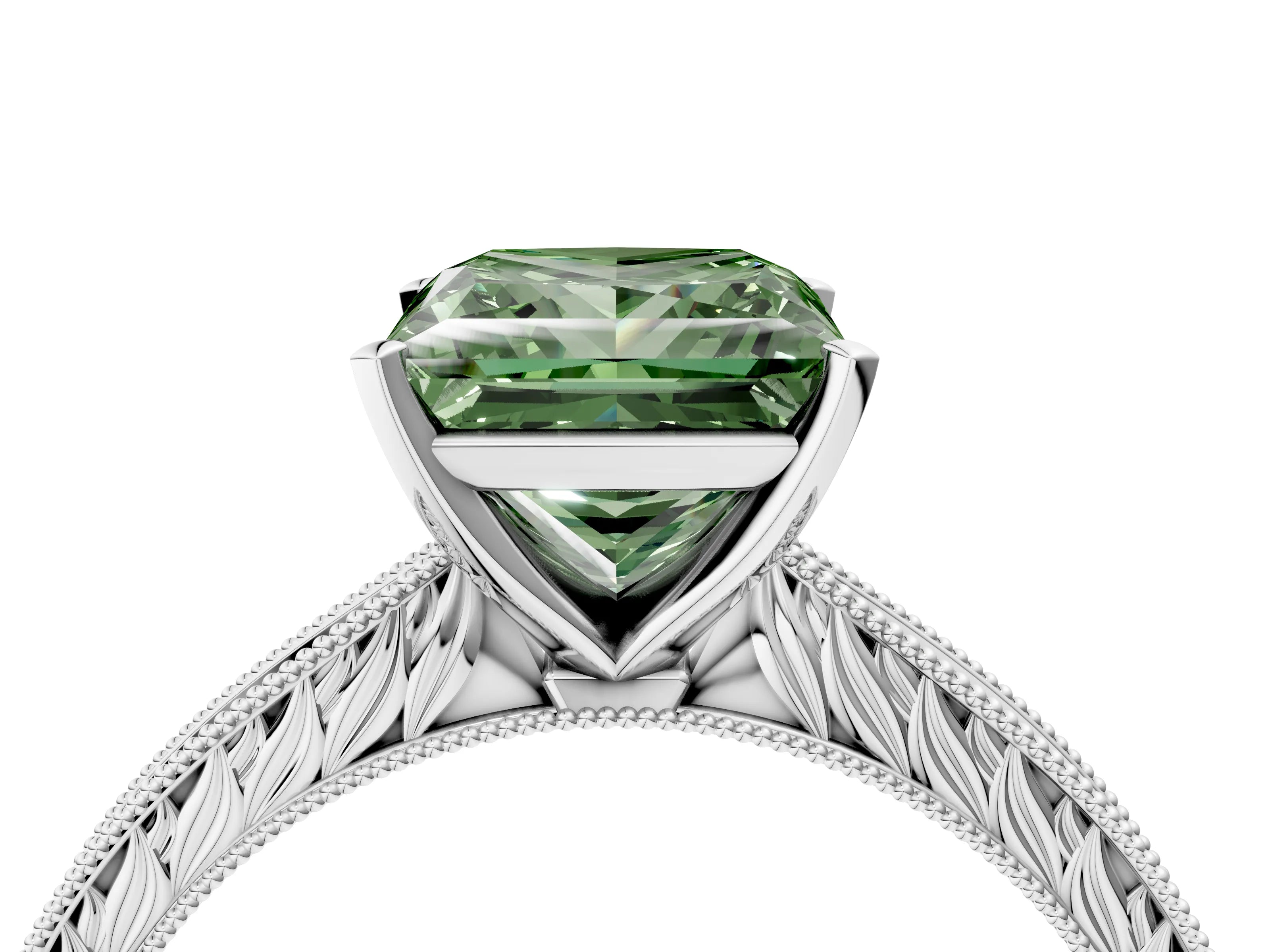 White gold Fancy Green Princess Cut Solitaire Milgrain Engraved Band with Four-Prong Setting_16