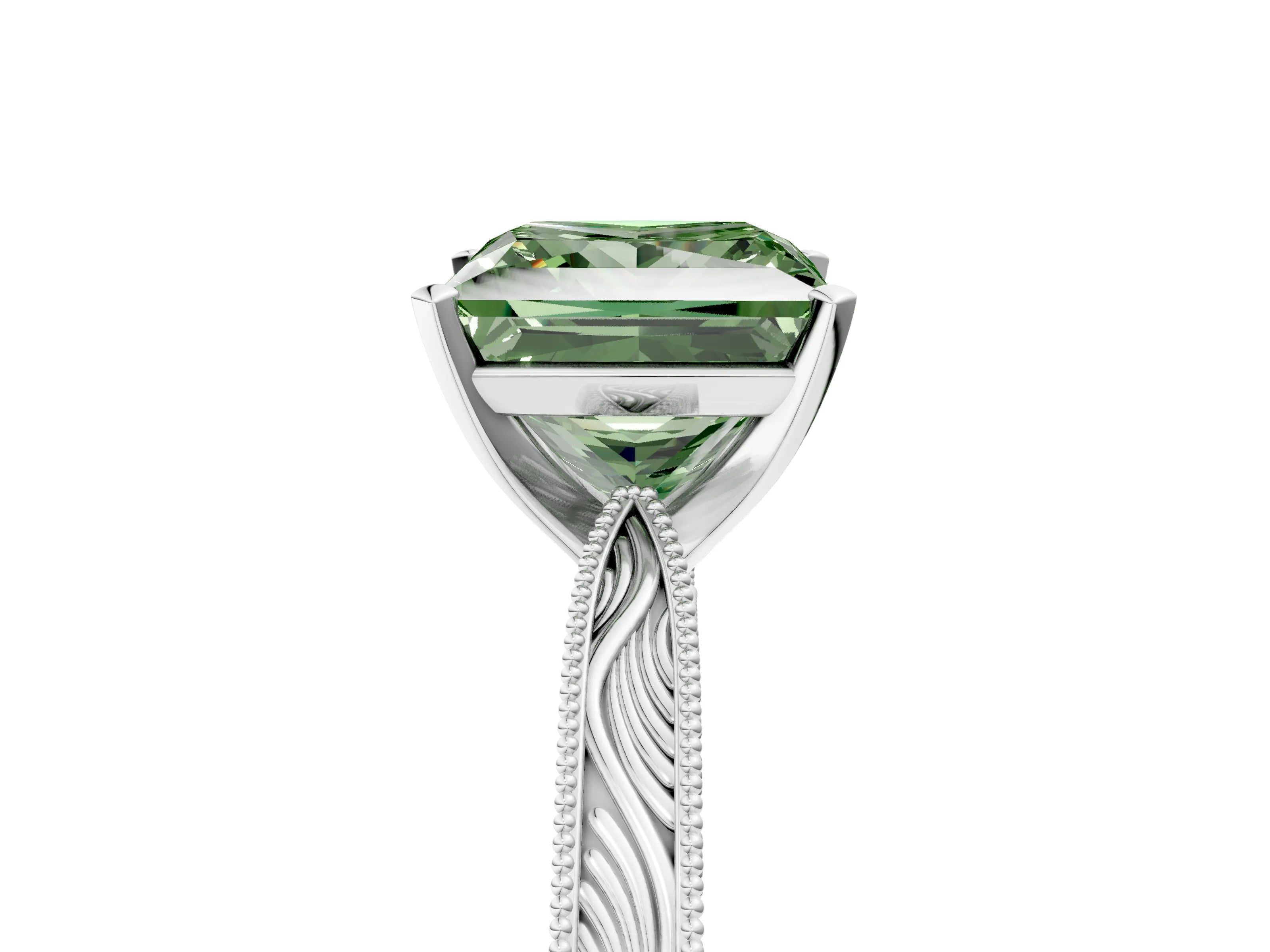 White gold Fancy Green Princess Cut Solitaire Milgrain Engraved Band with Four-Prong Setting_17