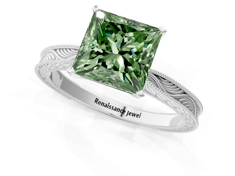 White gold Fancy Green Princess Cut Solitaire Milgrain Engraved Band with Four-Prong Setting_1