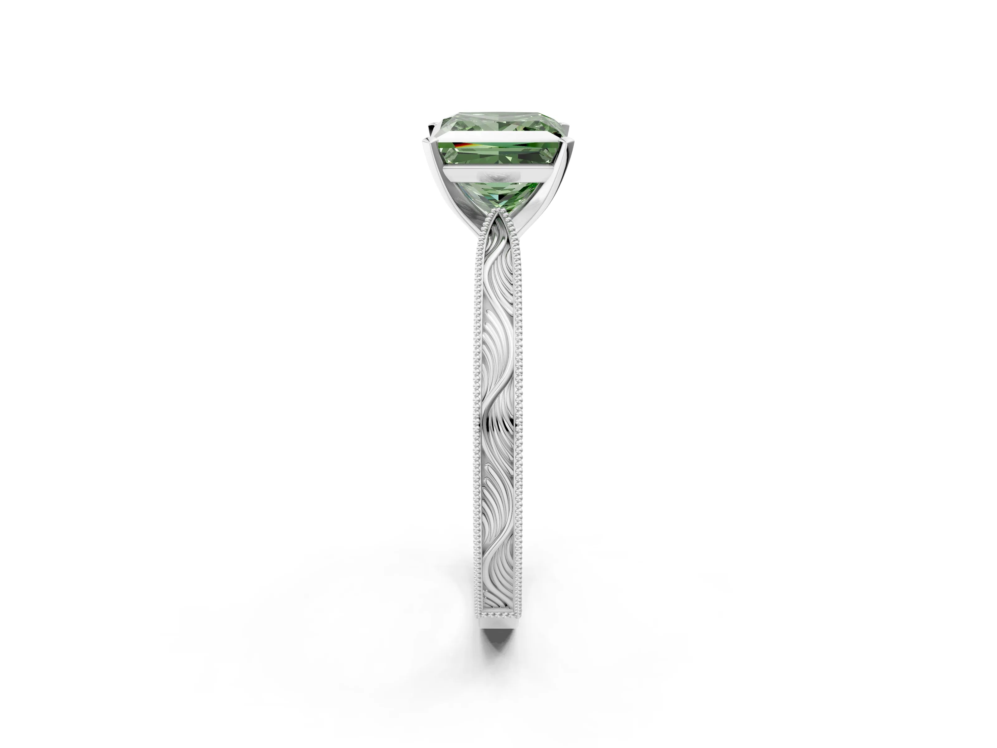 White gold Fancy Green Princess Cut Solitaire Milgrain Engraved Band with Four-Prong Setting_2