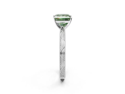 White gold Fancy Green Princess Cut Solitaire Milgrain Engraved Band with Four-Prong Setting_2