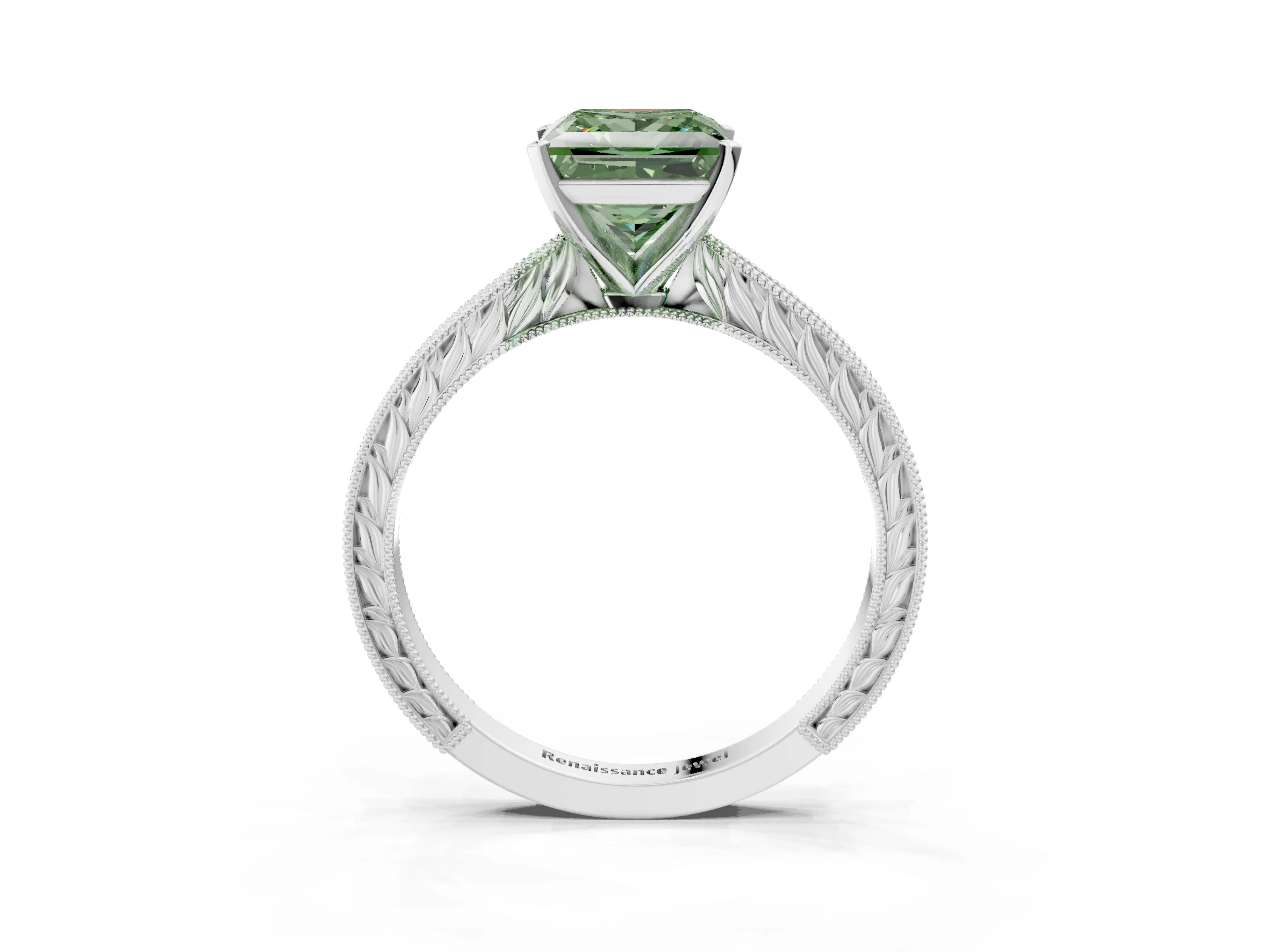 White gold Fancy Green Princess Cut Solitaire Milgrain Engraved Band with Four-Prong Setting_3