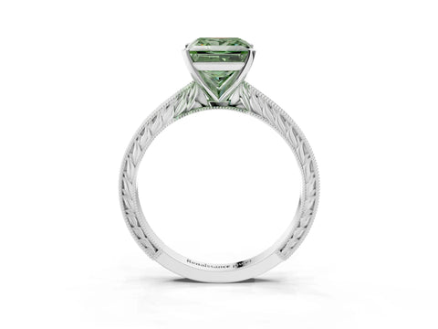 White gold Fancy Green Princess Cut Solitaire Milgrain Engraved Band with Four-Prong Setting_3