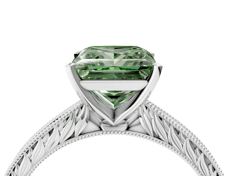 White gold Fancy Green Princess Cut Solitaire Milgrain Engraved Band with Four-Prong Setting_4