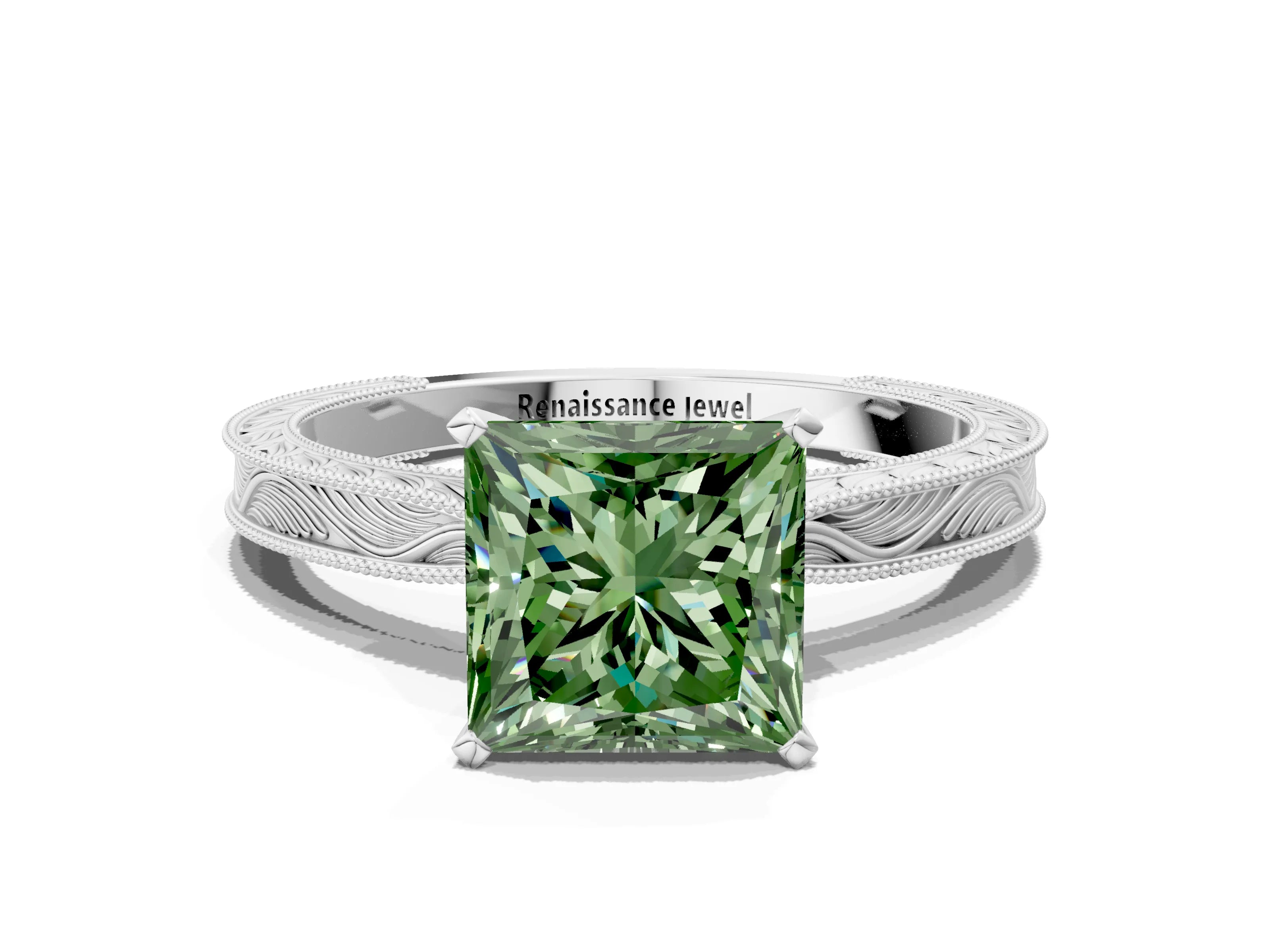 White gold Fancy Green Princess Cut Solitaire Milgrain Engraved Band with Four-Prong Setting