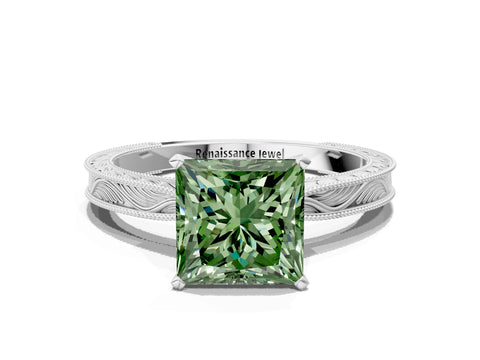 White gold Fancy Green Princess Cut Solitaire Milgrain Engraved Band with Four-Prong Setting