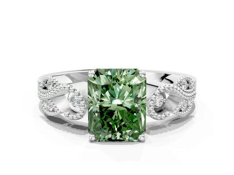 White gold Fancy Green Princess Cut Solitaire Milgrain Leaf Band with Prong Setting_12