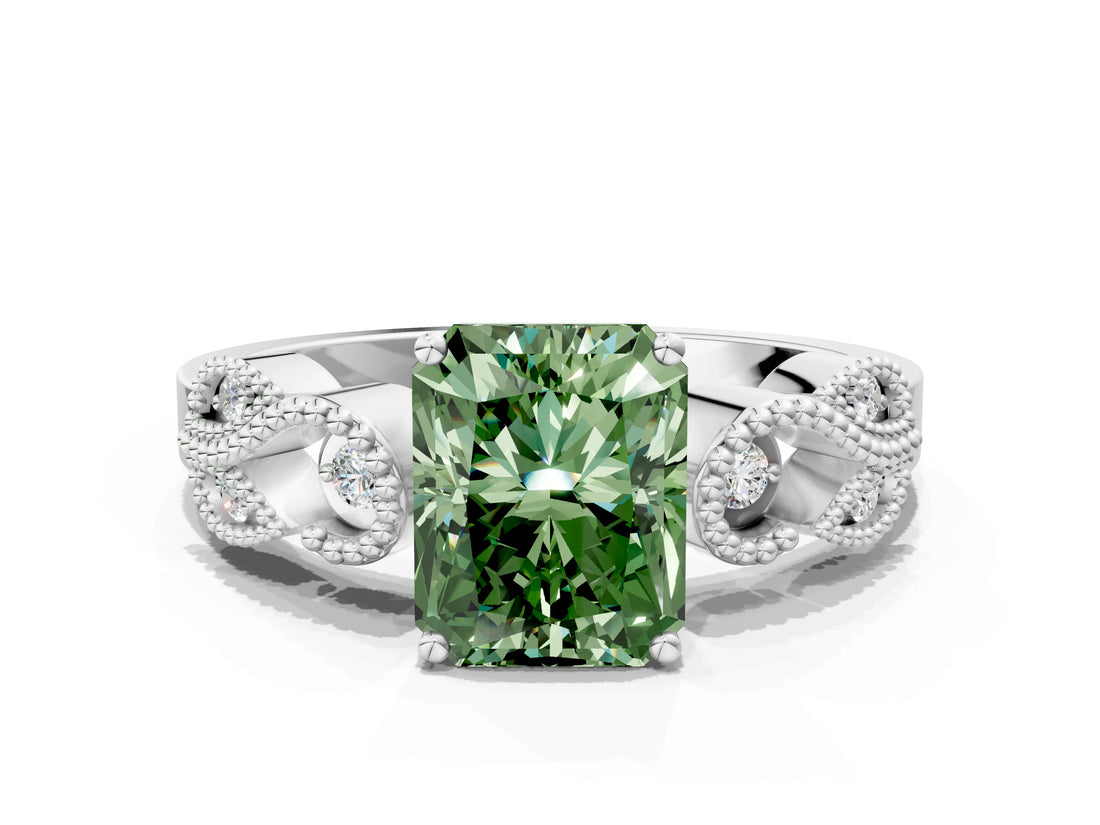 White gold Fancy Green Princess Cut Solitaire Milgrain Leaf Band with Prong Setting_12