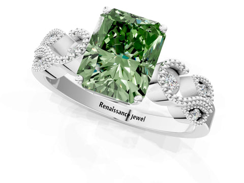 White gold Fancy Green Princess Cut Solitaire Milgrain Leaf Band with Prong Setting_13