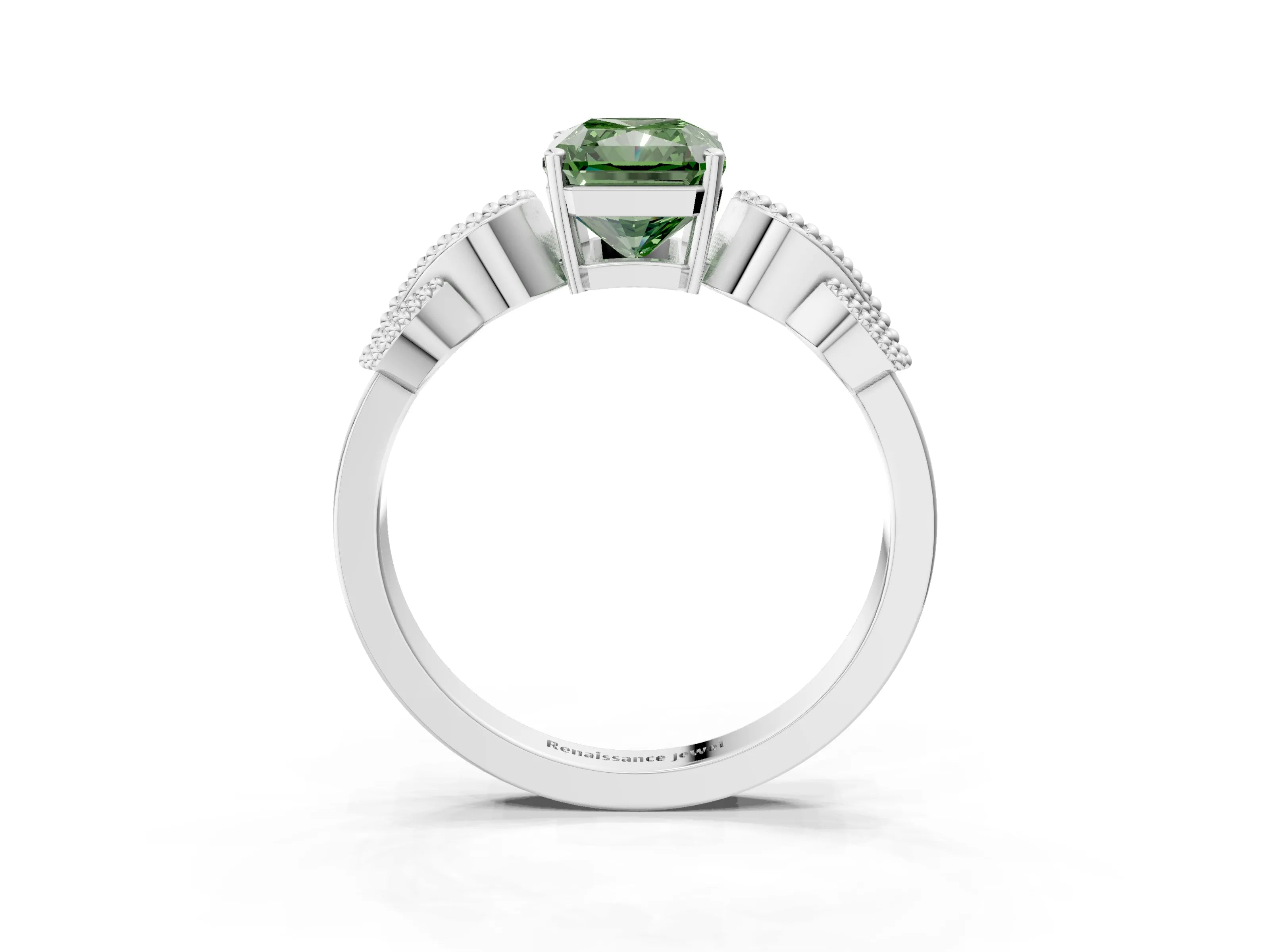 White gold Fancy Green Princess Cut Solitaire Milgrain Leaf Band with Prong Setting_15