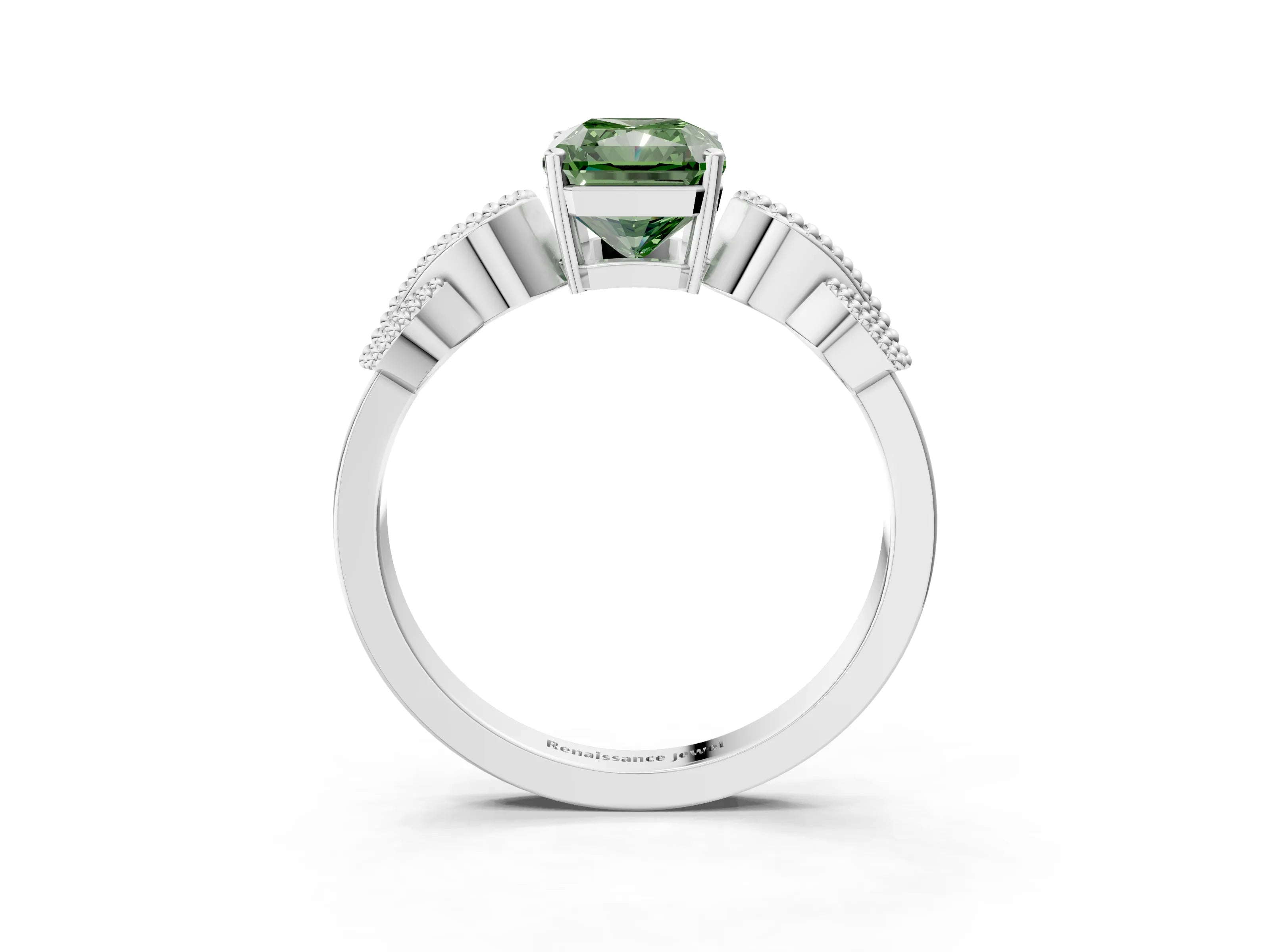 White gold Fancy Green Princess Cut Solitaire Milgrain Leaf Band with Prong Setting_3