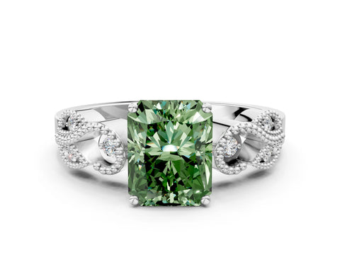White gold Fancy Green Princess Cut Solitaire Milgrain Leaf Band with Prong Setting