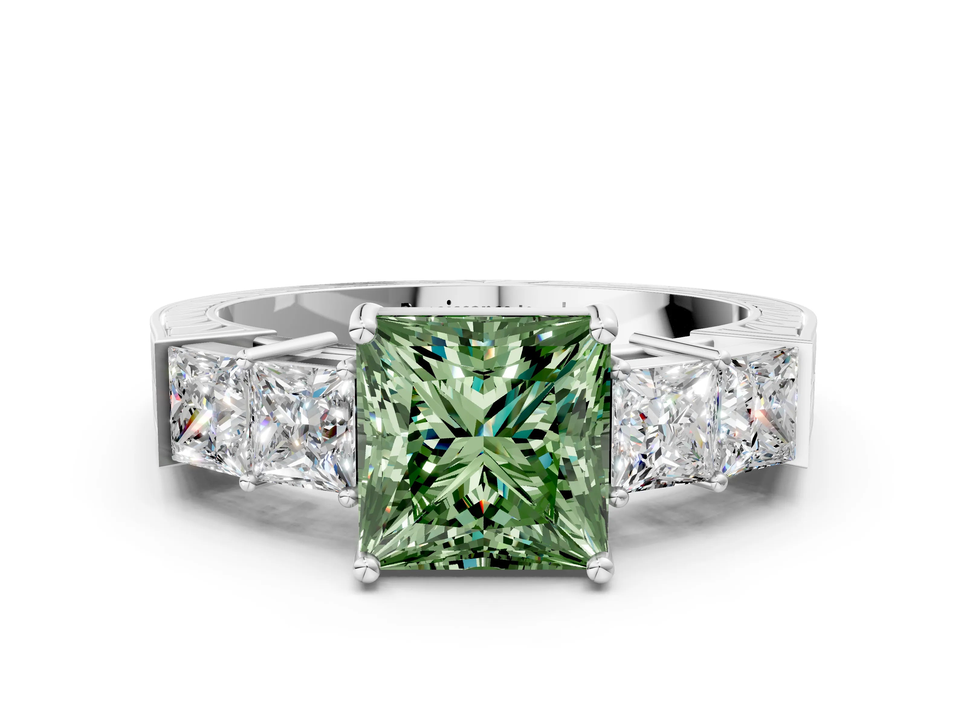 White gold Fancy Green Princess Cut Solitaire Princess Side Stone Engraved Band Prong Setting Ring_12