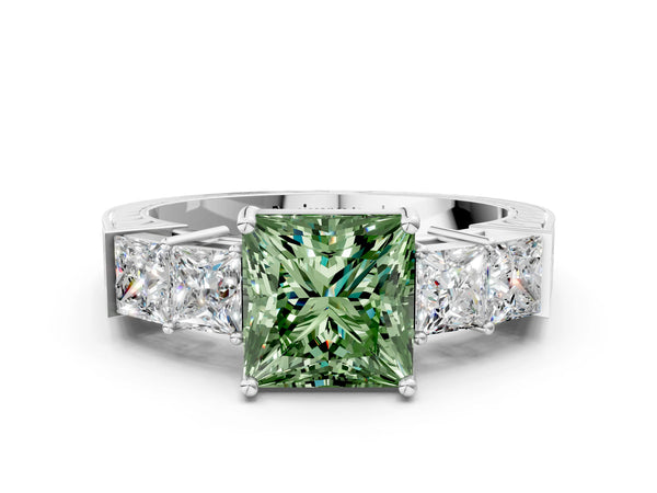 White gold Fancy Green Princess Cut Solitaire Princess Side Stone Engraved Band Prong Setting Ring