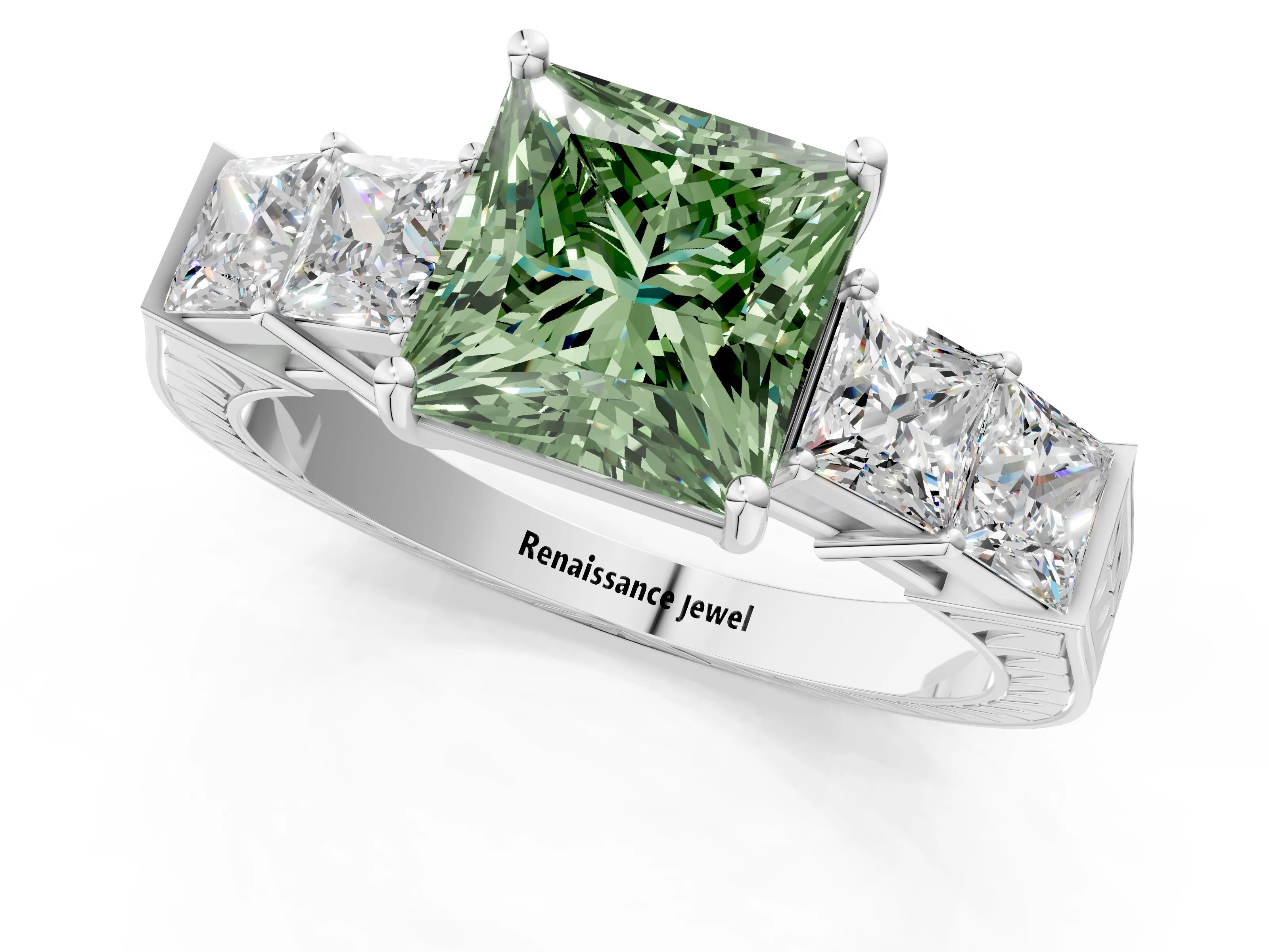White gold Fancy Green Princess Cut Solitaire Princess Side Stone Engraved Band Prong Setting Ring_13