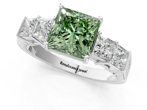White gold Fancy Green Princess Cut Solitaire Princess Side Stone Engraved Band Prong Setting Ring_13