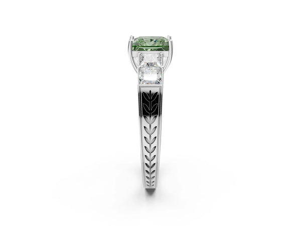 White gold Fancy Green Princess Cut Solitaire Princess Side Stone Engraved Band Prong Setting Ring