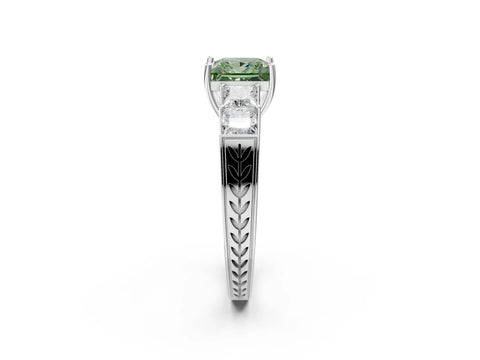 White gold Fancy Green Princess Cut Solitaire Princess Side Stone Engraved Band Prong Setting Ring_14